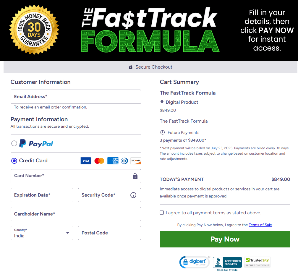 the fast track formula CheckOut Page